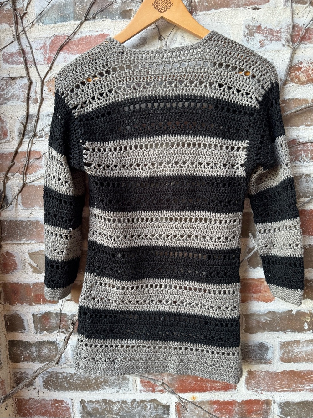 Handmade Crochet Striped Duster Cardigan – Black & Grey Size Small - Picture 6 of 7